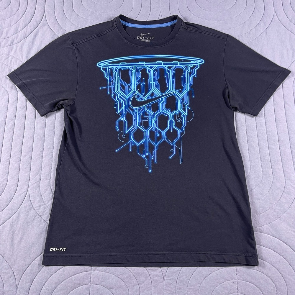 Nike Dri Fit Shirt Mens Medium Gray Basketball Graphic Swoosh Athletic Tee